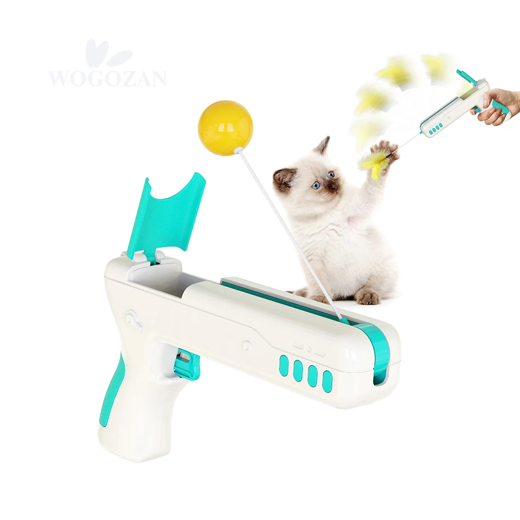 

New Design Pet Cat Toy Interactive Cats Teaser Gun With Rebound Feather Wand Toys Ball