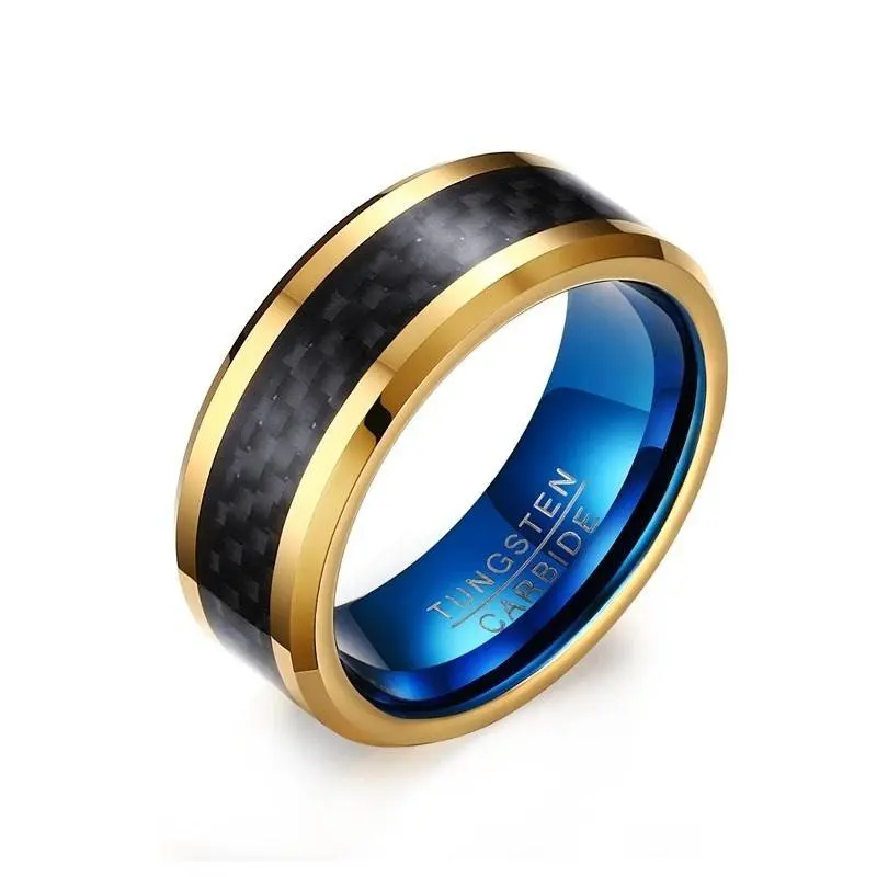 

Mens Rings Tungsten Carbide Ring 8mm Black Carbon Fiber Inlay Gold-color Edges Engagement Wedding Band Fashion Jewelry