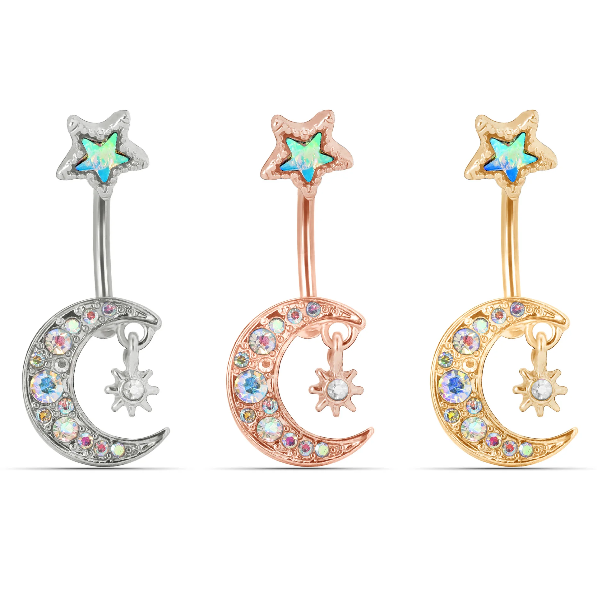

Crescent and Star Shape Rose Gold Silver Cute Piercing Jewelry Woman Sexy Beach Titanium Button Navel Custom Belly Ring, Gold,rose gold,silver