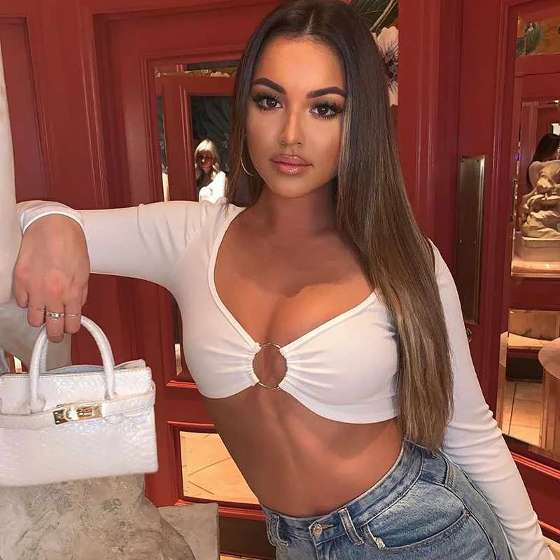 

long sleeve women sexy crop top t shirt 2021 girl's fashion slim fitted ladies clothing front O-ring tshirt