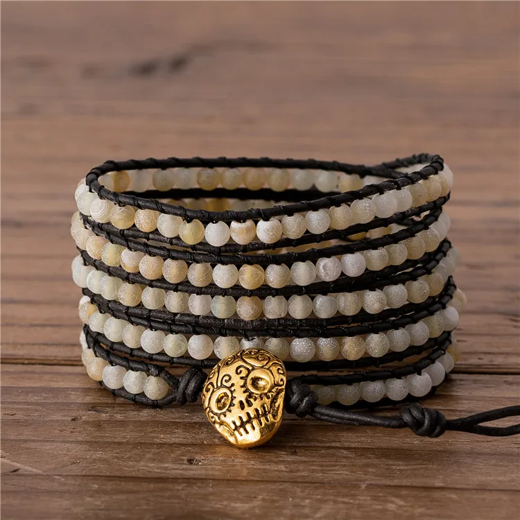 

BOHO White frosted agate natural stone leather beaded wrap bracelet for friendship gift