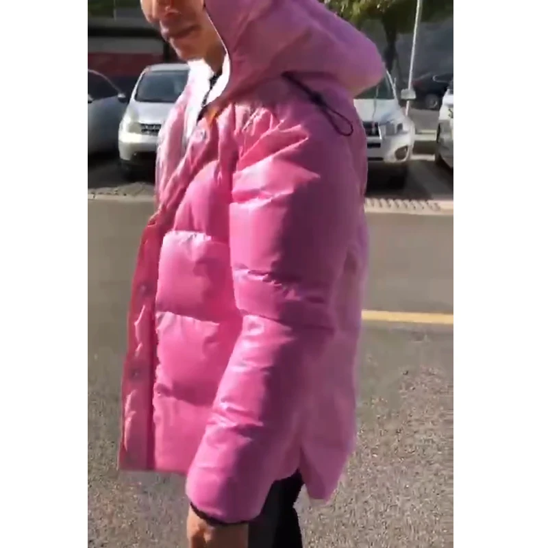 

OEM logo trendy light white color changing into pink long puffer bubble coat pullover hoodie jacket for men fashion street wear