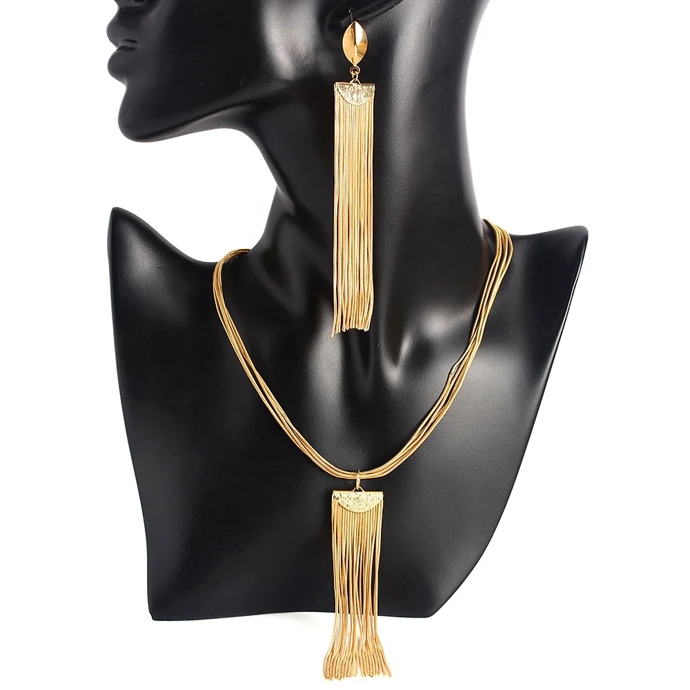 

Latest Luxury Italian Gold Brazilian Gold Big Woman Party Necklace long tassel crystal earrings Jewellery Set Tassel earrings