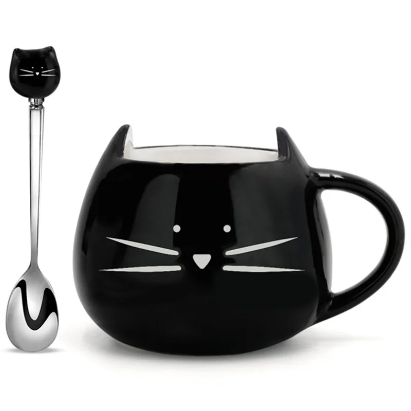 

UCHOME Creative Gift Cartoon Black And White Ceramic Cat Mug With Funny Cat Spoon 12 oz Ceramic Tea Coffee Mug Cup, White,black