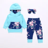 

Baby Girls Long Sleeve Flowers Hoodie Tops and Pants Outfit with Pocket Headband Baby Clothes Set
