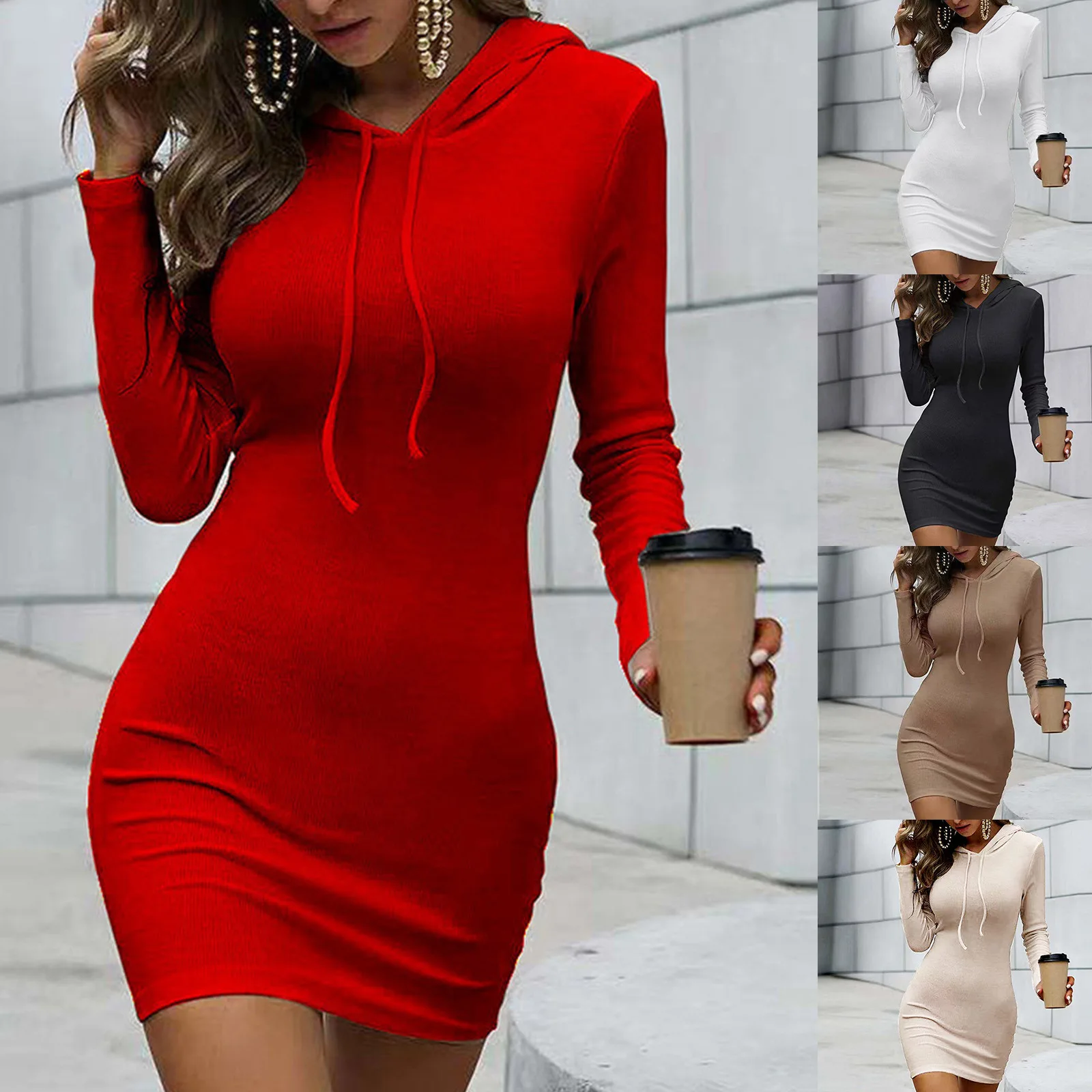 

Solid Color Long Sleeve Cut Out Dresses Women Clothing One Piece Set, As pictures