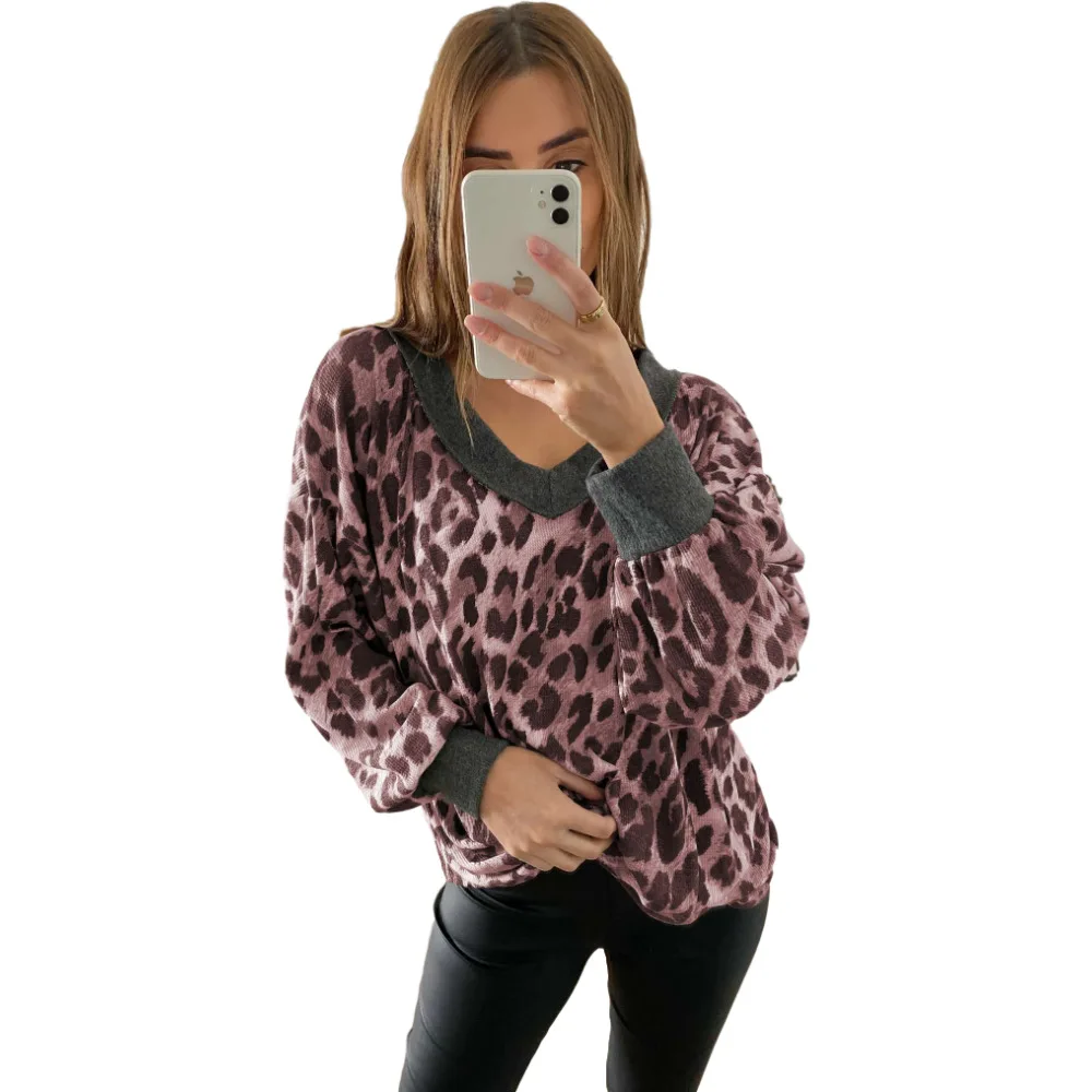 

Autumn/Winter 2020 fashion blouse for women Loose V neck pullover Leopard-print lady's sweatshirt Long sleeve hoodie T-shirt