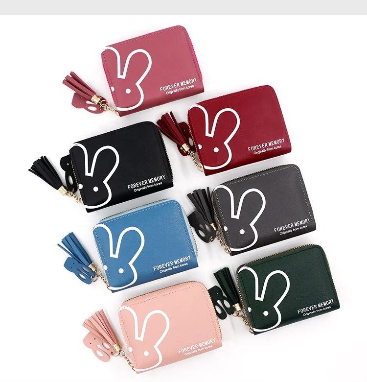 

Mini Short Small Pu Leather Solid Coin Credit Card Holder Pocket Rabbit Tassel Pendant Girl Custom Logo Lady Women Purses Wallet, 7 colors 2 styles