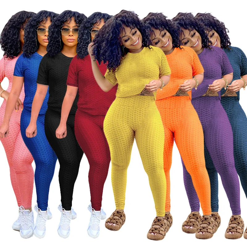 

Solid color pullover bubble short sleeve yoga jogging suit pants set 2 piece set women, 5 colors