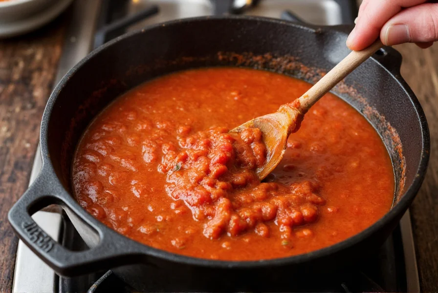Chili cooking process showing tomato paste being cooked in cast iron pot