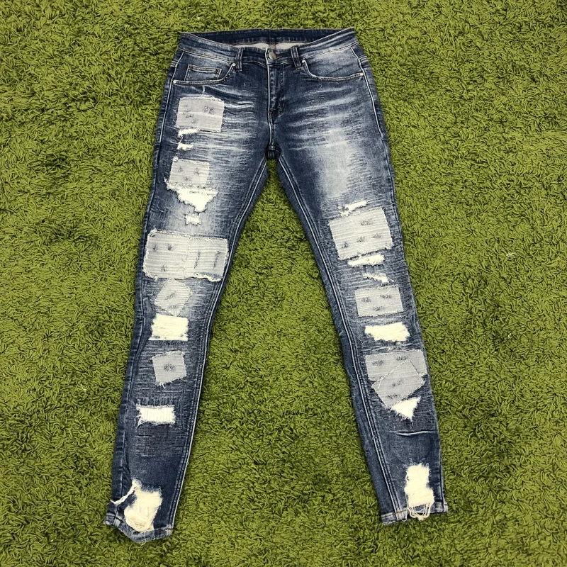 

In stock distressed embroidery patch full over all blue washed skinny denim jeans pants men