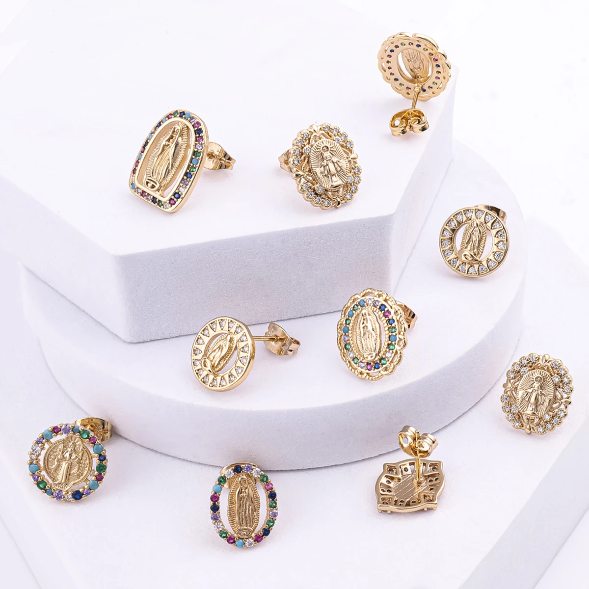 

Christian Dainty 18K Gold Plated Rainbow Zircon Religious Jewelry Virgin Mary Stud Earrings For Women