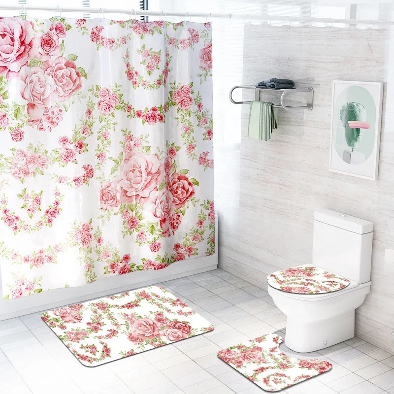 

Pink Flowers Rose Bathroom Sets, Floral Pattern Waterproof Polyester Fabric Set With Hooks, Shower Curtain Sets 4 Pieces