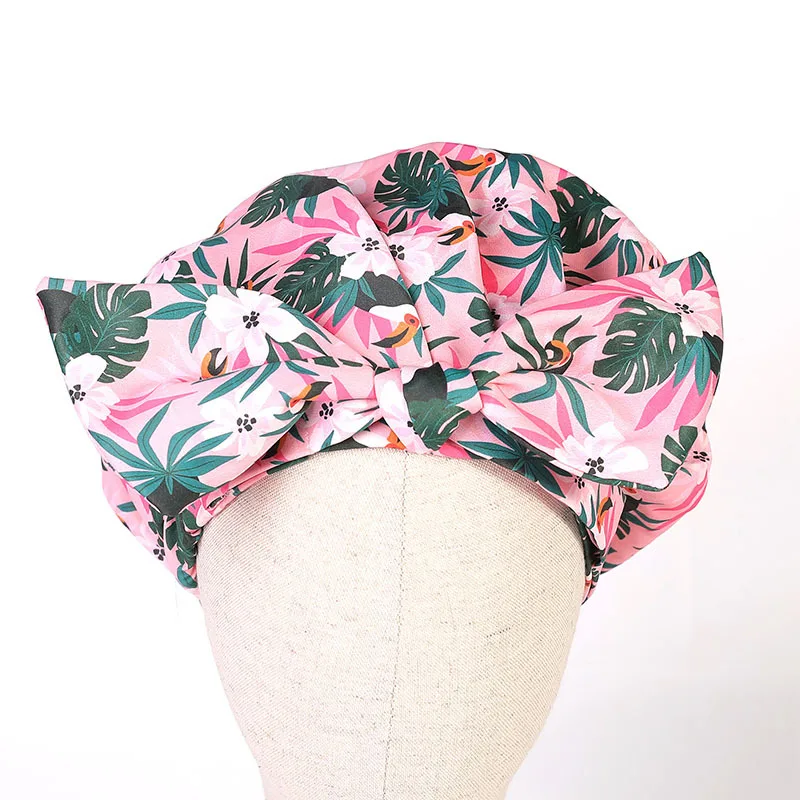 

Fashion Bathing Hair Waterproof Hats Fruit Seris Pattern Printed Perm Hat Bowknot Nightcap Women Shower Cap, 6 colors to choose