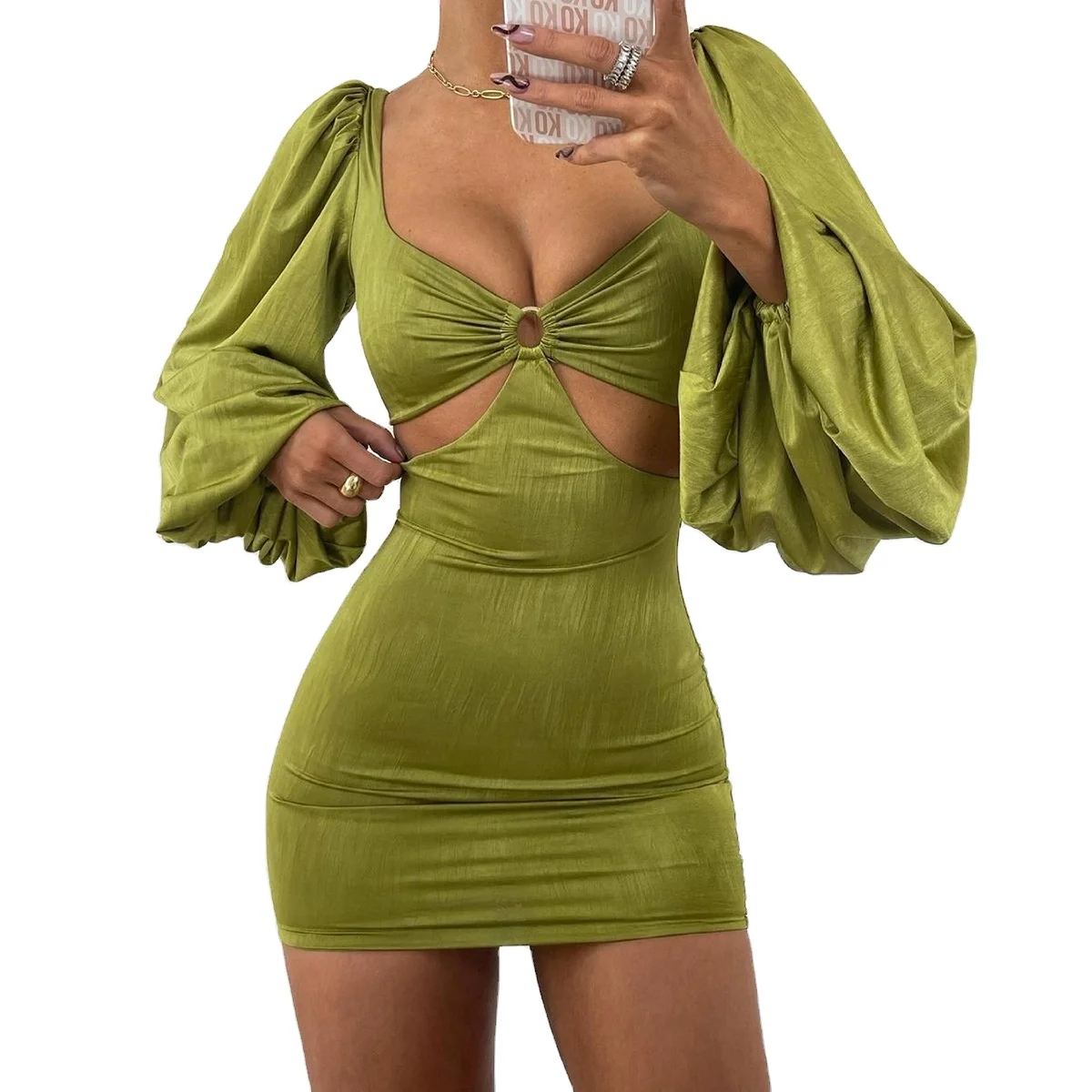 

2021 Women's Bubble Long Sleeve Party Retro Dress Hollow Fashion Party Clubhouse Tight Mini Sexy Bodycon Dress