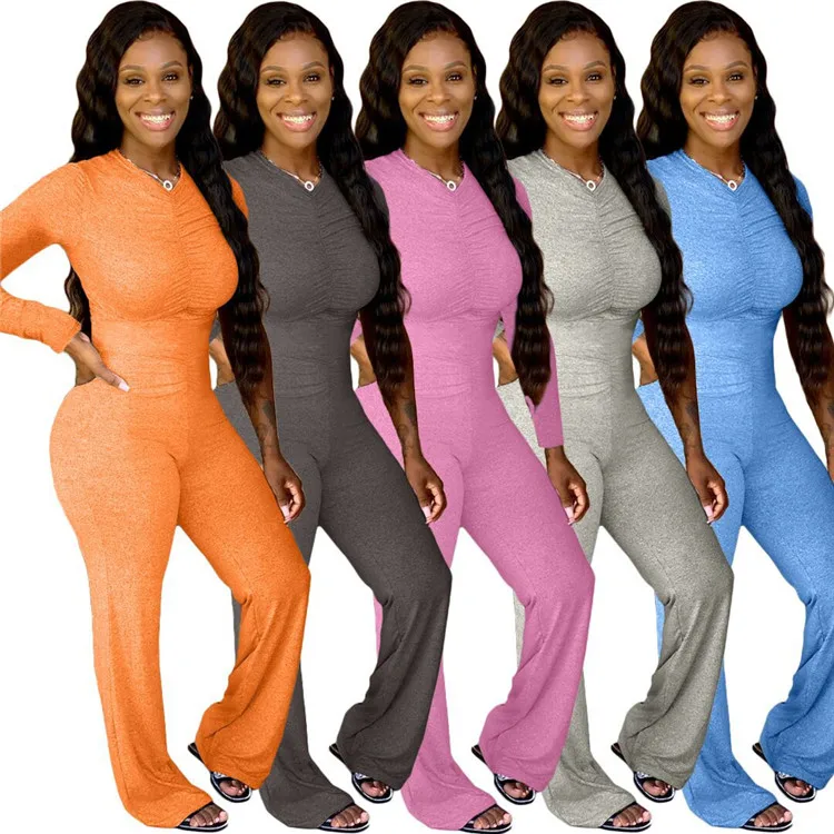 

Fashion Europe and America pure color front wrinkle long sleeve tops flared pants trousers dressy jumpsuit