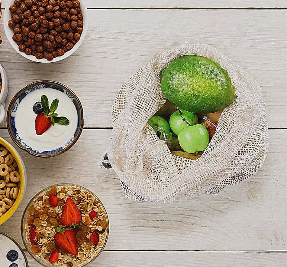 

Net Bags with Long Handle for Fruit Vegetable Storage Reusable Grocery Mesh Bags eco mesh and cotton mesh produce bags, Natural