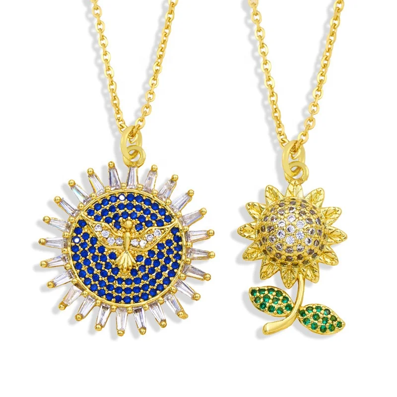 

Fashion 18K Gold Plated Peace of Dove Jewel Jewelry 2021 Wholesale Womens Dubai Gold Zirconia Sun Flower Pendant Necklaces