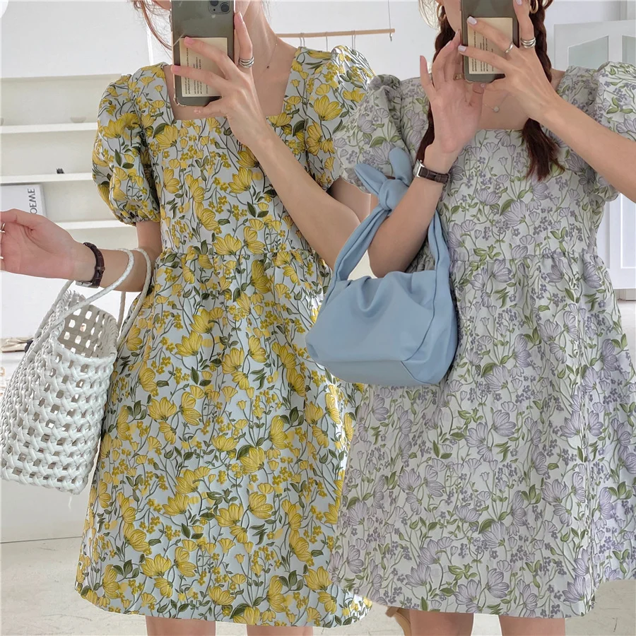 

summer new arrival Stereoscopic carved design square neck high waist bubble sleeve loose doll floral dress women streetwear