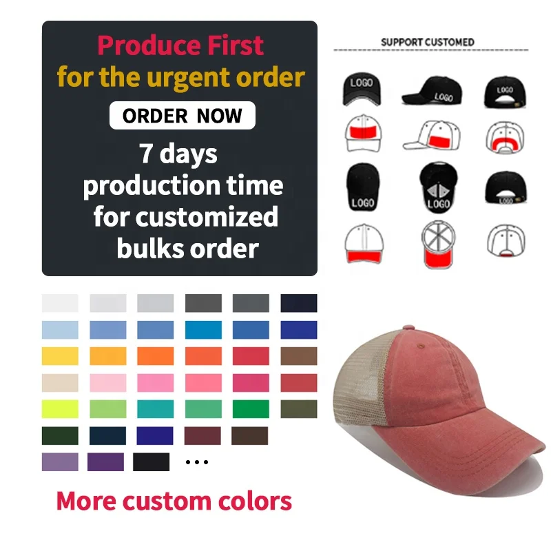 

6 panel washed vintage cotton mesh custom logo printing trucker hat with 7cm length Cap tongue