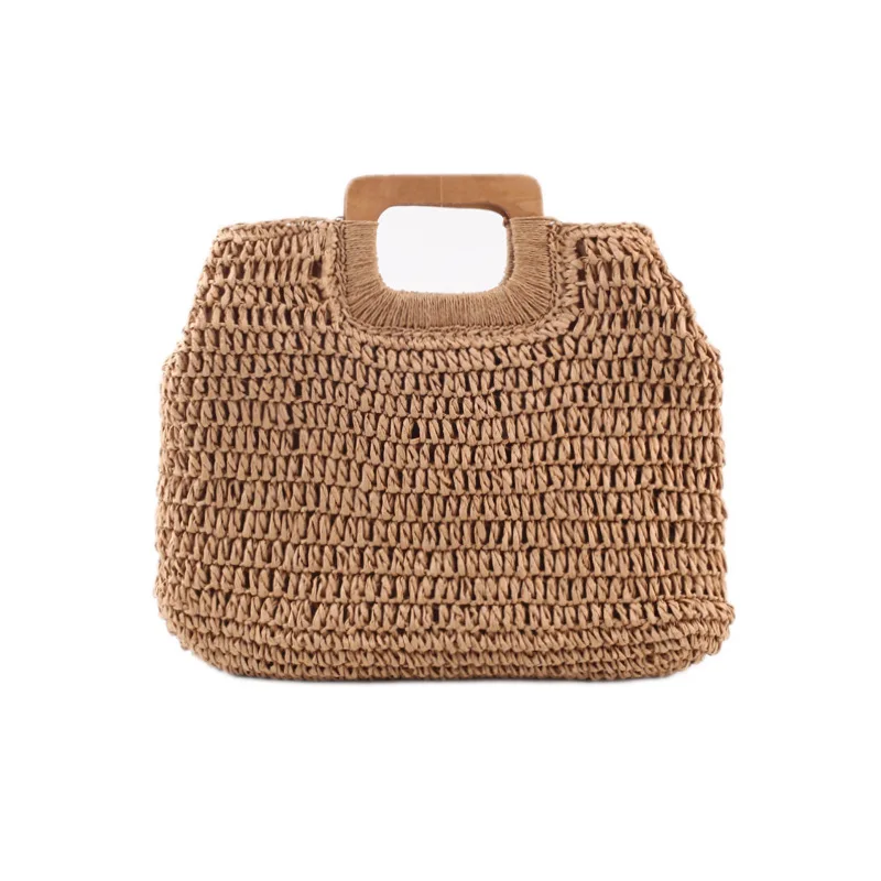 

2021 New Summer Vacation Travel Beach Wooden Handle Large Capacity Woven Paper Straw Handbag Bag Manufacturers Wholesale, Brown,beige