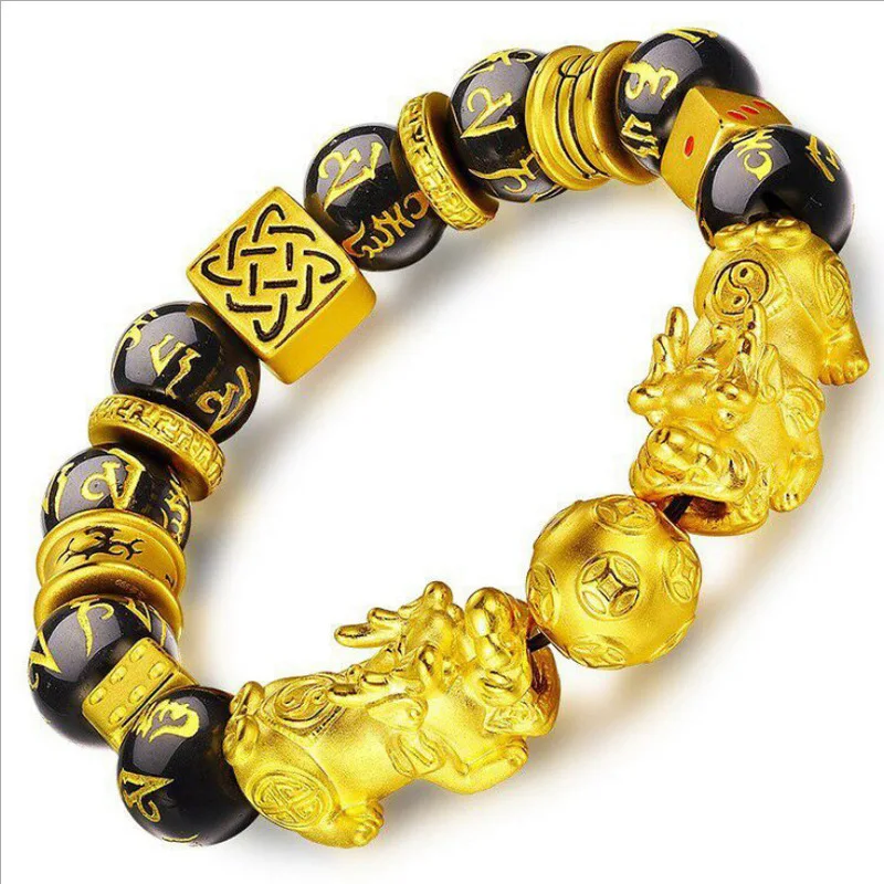 

Vintage Imitation Black Onyx Beaded Bracelet Gold Plated Bead Pixiu Bracelet For Women Men