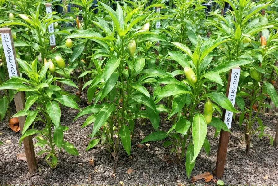Various pepper plant varieties growing in garden beds with labeled tags showing bell peppers, jalapeños, and habaneros