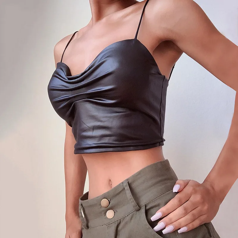 

FS2474A Sexy Women PU leather Tank Tops Vest Sleeveless Crop Tops