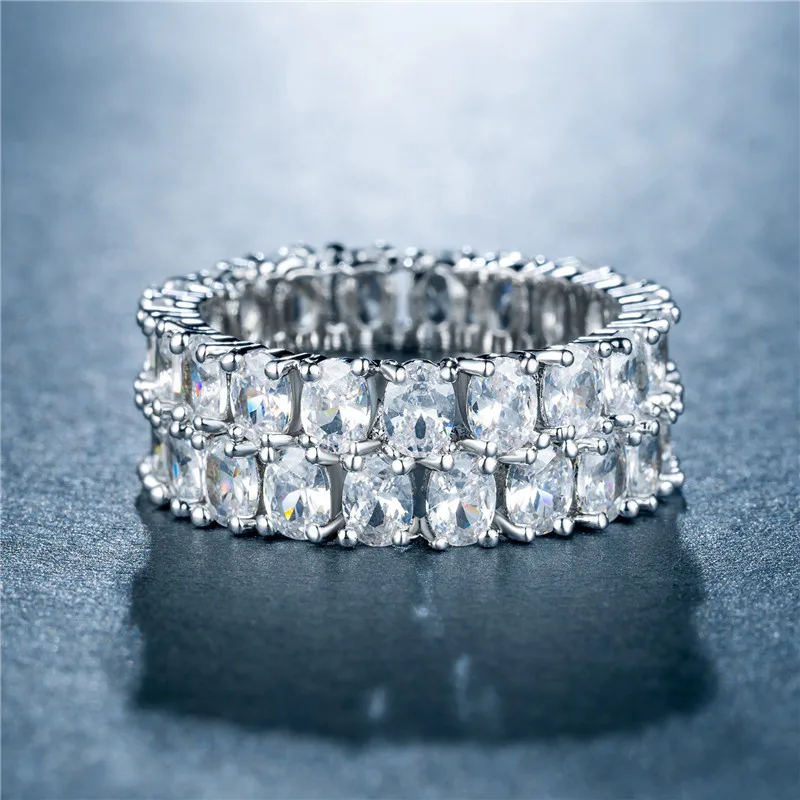 

Luxury Jewelry Silver Green Diamond CZ Rings Fashion Double Row Full Rhinestone Crystal Rings For Weeding Accessories