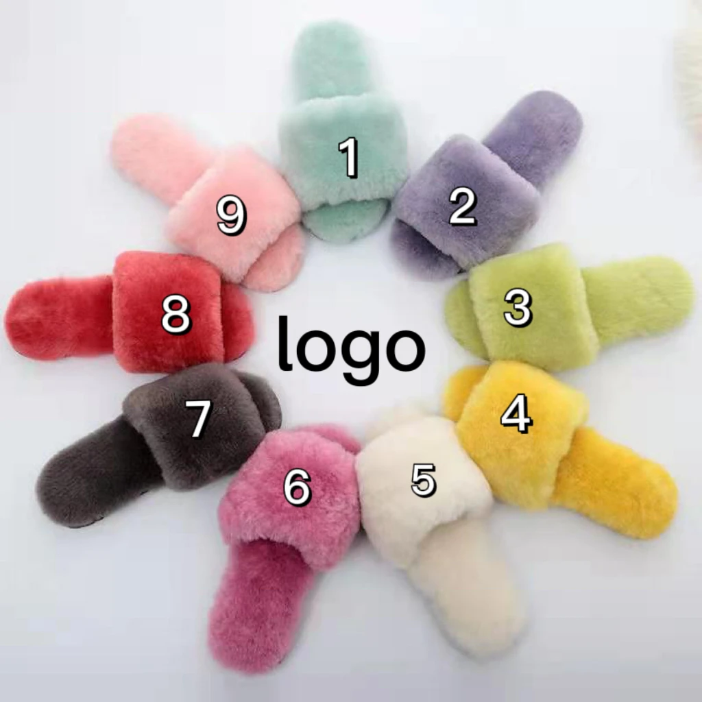 

2021 Factory Price Comfort Fluffy Slippers Flat Plush Real Fur Open Toe Pantuflas Mujer Pure Wool Indoor Home Slippers, White, blue, pink, grey