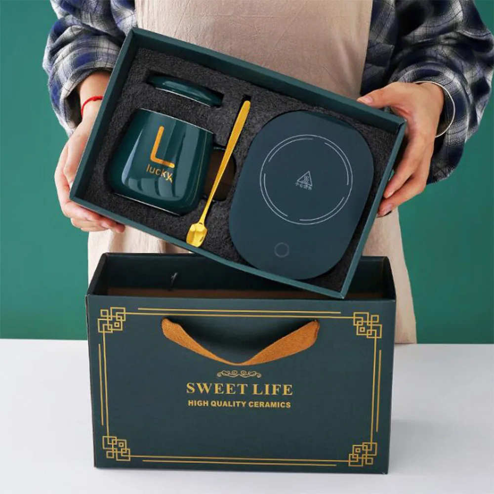 

Ceramic warm cup and hot milk artifact milk cup automatic thermostat cup with warm pad 55 degrees, Green/white /pink