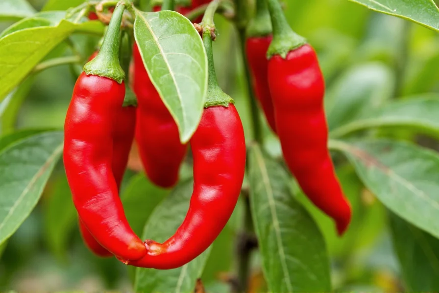 Close-up view of red cayenne peppers hanging on plant with scientific diagram showing capsaicin molecular structure