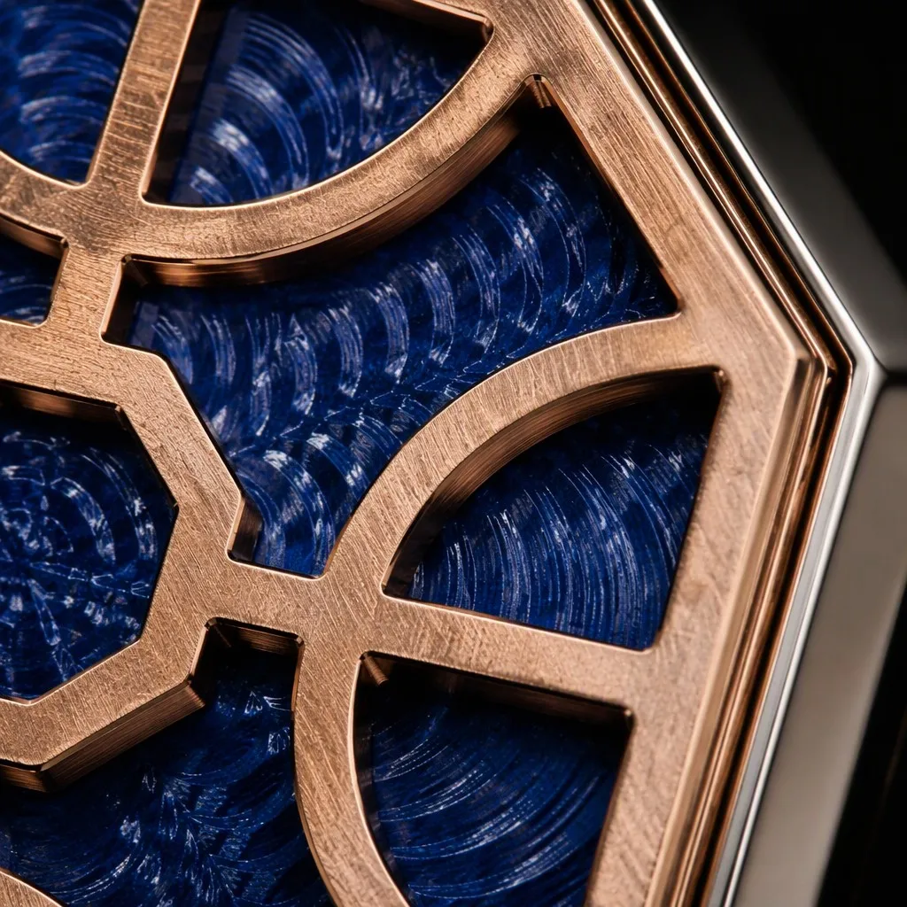Macro Detail of Rose Gold Openwork Lattice and Precision Chamfer