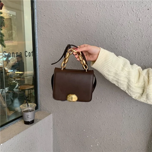 

Girls Solid Color Messenger Bag Retro Magnetic Buckle Square Cover Small Square Bag Chain Handbag, Brown