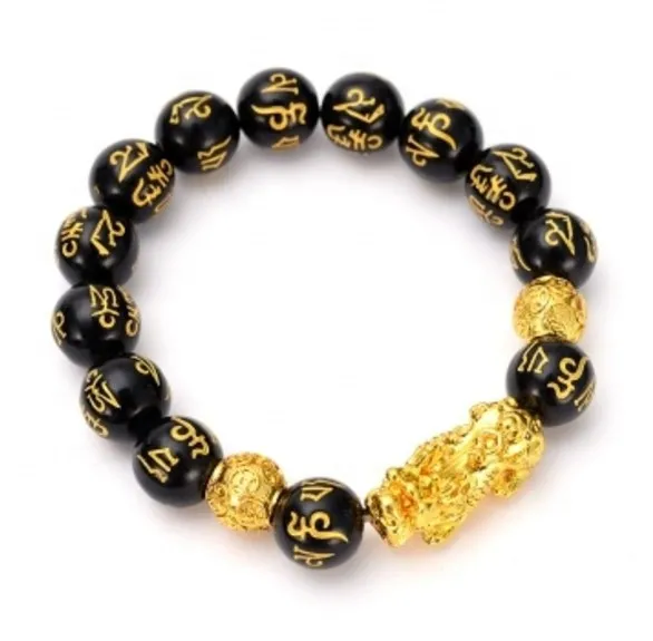 

Wholesale Charm Lucky Fortune Natural Feng Shui Black Obsidian Pixiu Bracelet For Men and Women, As shows