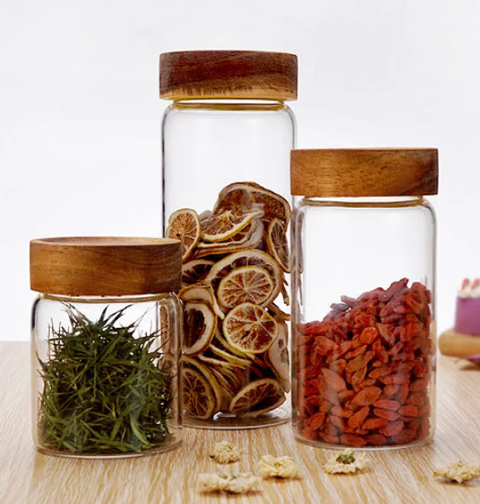 

Household Borosilicate Glass Kitchen Spice Jam Food Storage Jar Glass Weed Jars with Bamboo Wood Screw Lid, Clear transparent