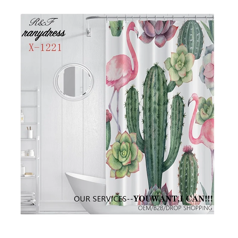 

Custom polyester green cactus 3D waterproof and mildew proof OEM shower curtain bathroom, Picture