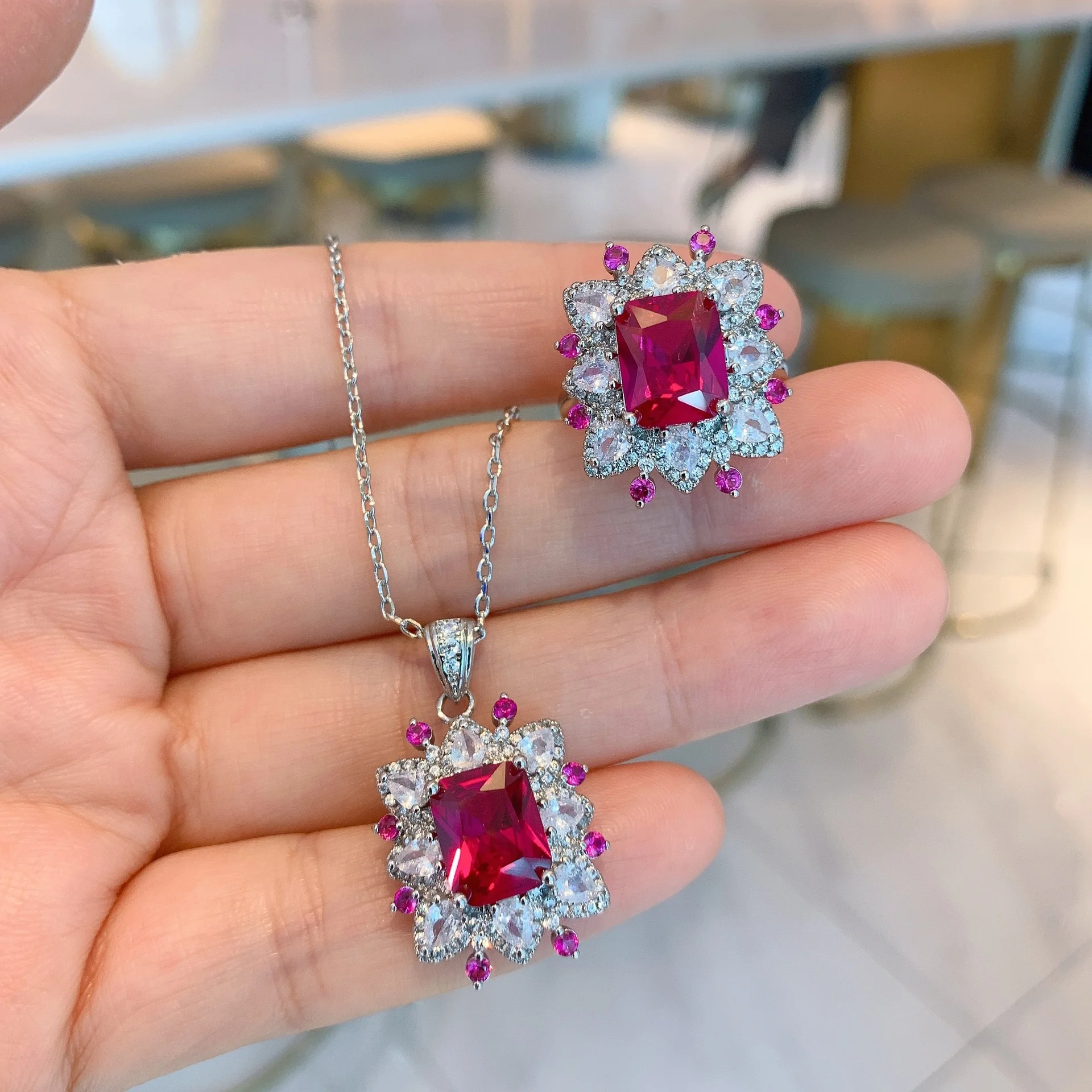 

New Arrival Ruby Emerald Pendant Necklace Ring Charms Wedding Party Jewelry Sets Gift for Women, Customized color