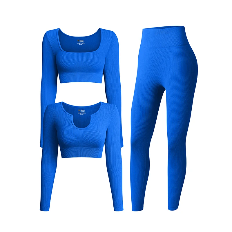 

Best Selling Women's 3 Piece Outfits Ribbed Athletic Wear Long Sleeve Crop Tops Workout High Waist Leggings Yoga Set
