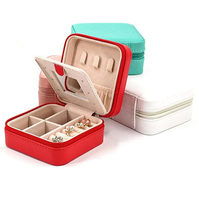 

Makeup Leather jewelry travel display case organizer mirror storage Box With Zipper Portable Jewellery bracelet ring Box, Pink,blue,red