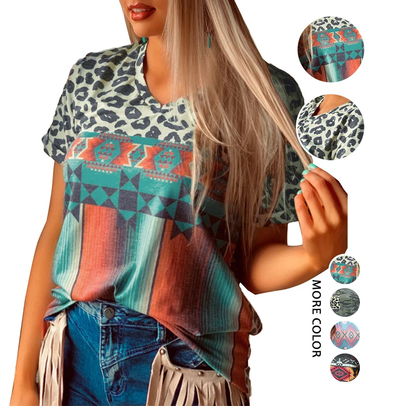 

Wholesale New Design Fashion Summer Casual Color Block Leopard Women Top Women's T-shirts