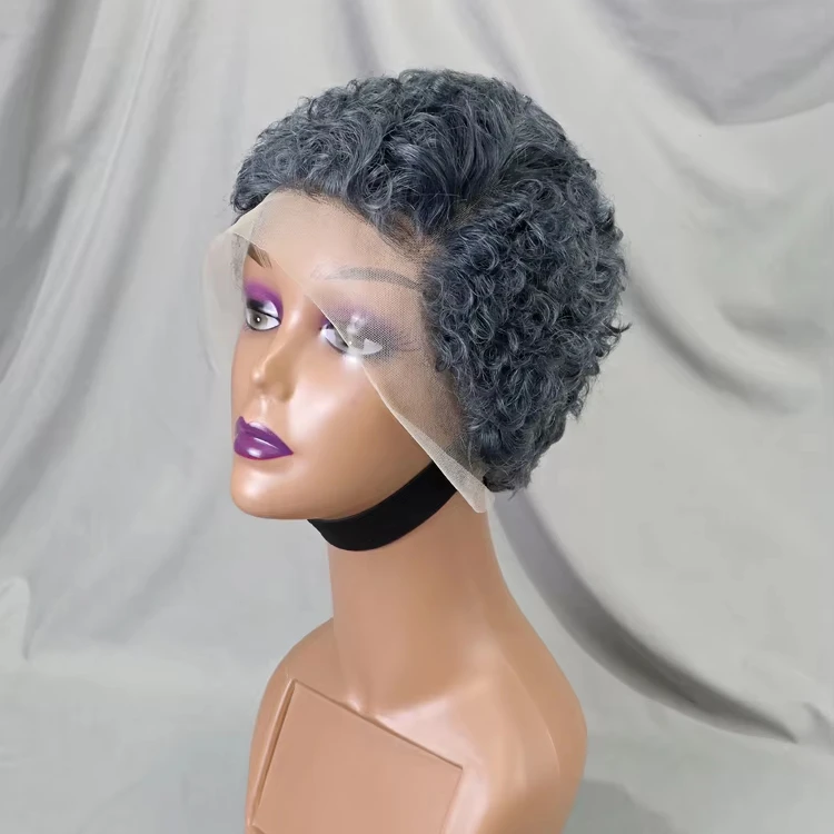 Wholesale Gray Color Short Curly Pixie Cut Wigs Full 13x4 Transparent Frontal Wigs for Women Bob Wigs Human Hair Lace Front