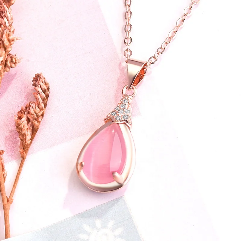 

Rose Gold Color CZ Crystal Pink Opal Chokers Jewelry Ross Quartz Necklace for Women Girls Waterdrop Dropshipping Gift