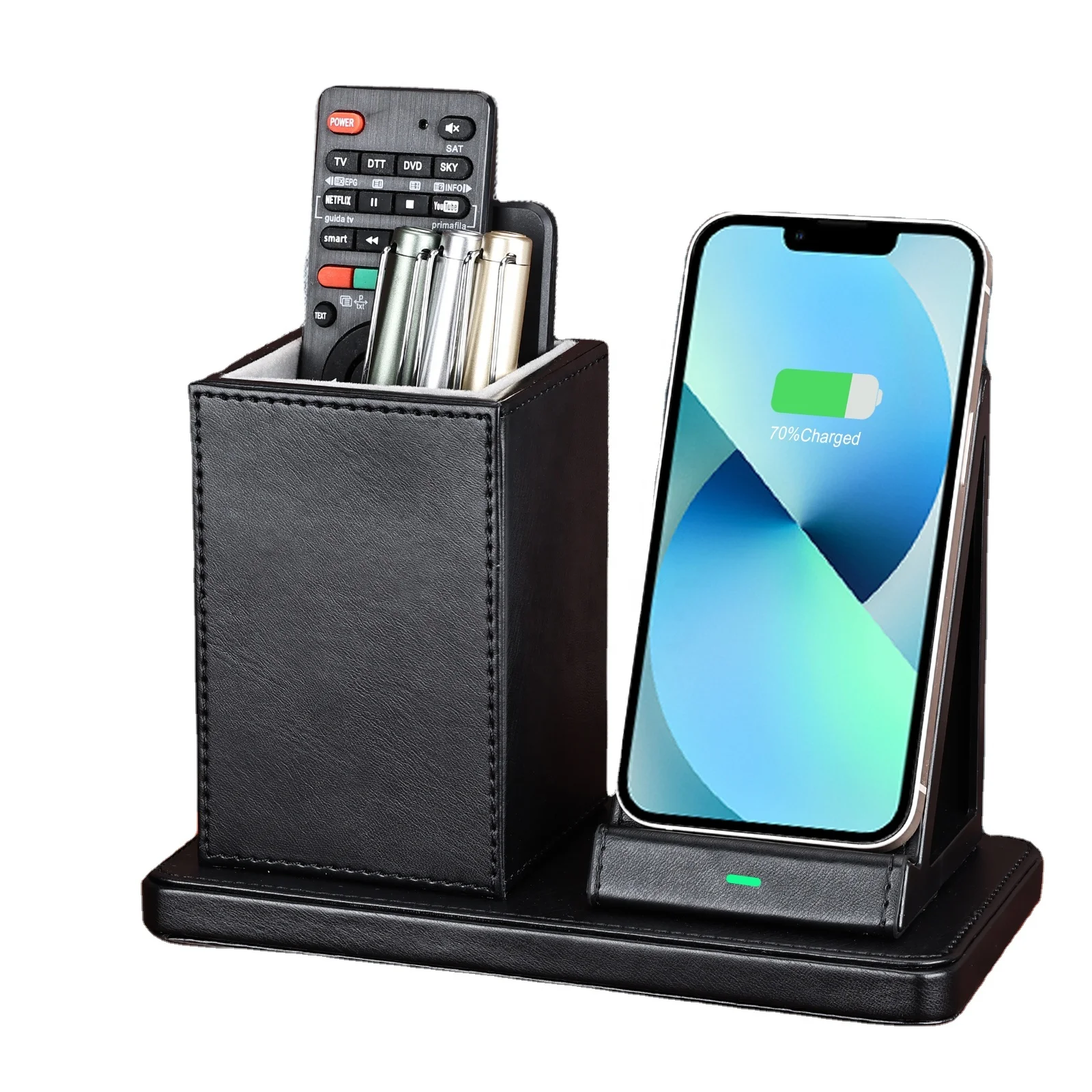 

Leather Desk Organizer QI Standard Wireless Phone Charger Holder For iphone