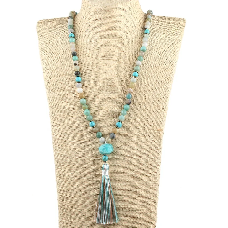 Fashion Women Bohemian Yoga Jewelry 8mm Amazonite Natural GemStone Necklace Big Chip Stone Beige Pink Tassel Necklaces