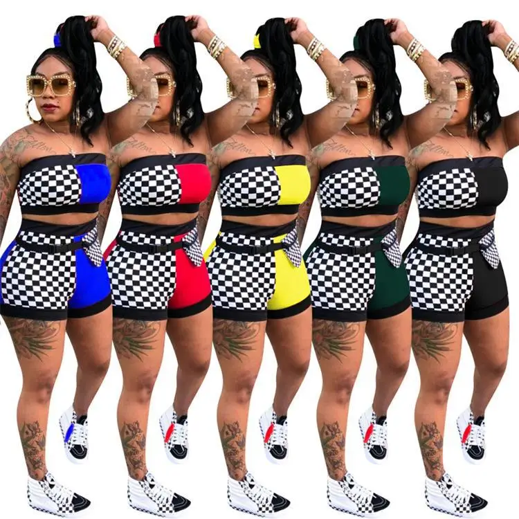 

2021 New summer hot sell 5 colors women checked race Two Piece crop top short tracksuits Outfits 2 Piece sweatshirt Set, Black white yellow ...