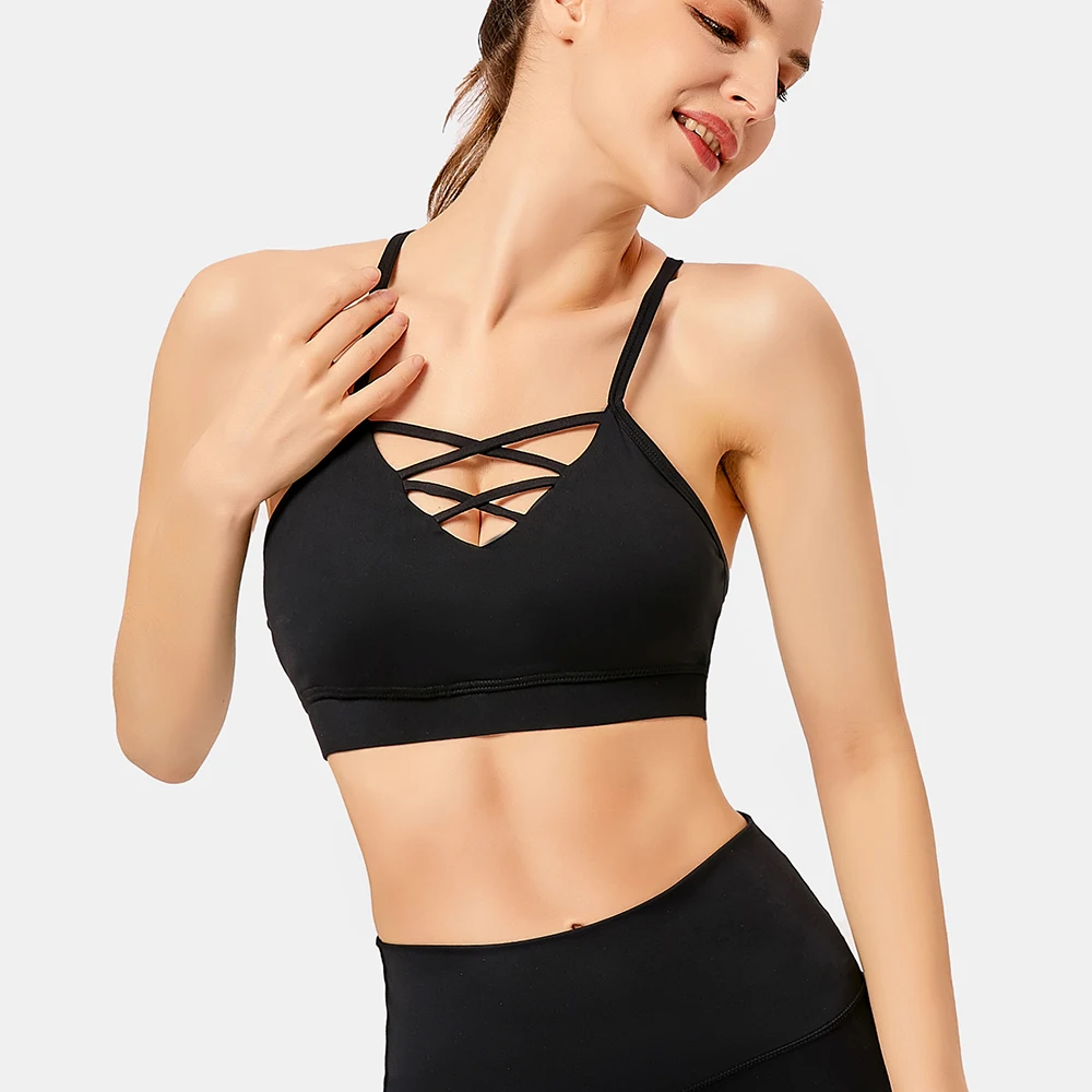 

2021 Women Sexy Sport Seamless Bra fitness X Cross Hollow Back Design yoga bra back cross shockproof gathering sport yoga bra, Customized