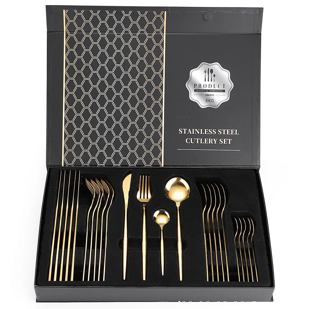 

Amazon New products stainless steel tableware 24 PCS set four main parts knife, fork and spoon gift box set, Black\rainbows\gold