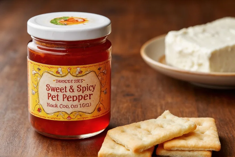 Close-up photograph of Trader Joe's Sweet & Spicy Red Pepper Jelly jar on wooden table with crackers and cream cheese