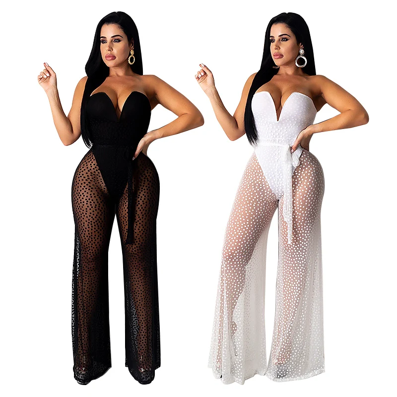 

2021 New arrival fashion Sleeveless Jumpsuits trousers Socket popular sexy woman Strapless translucent Wave point Wide leg pants